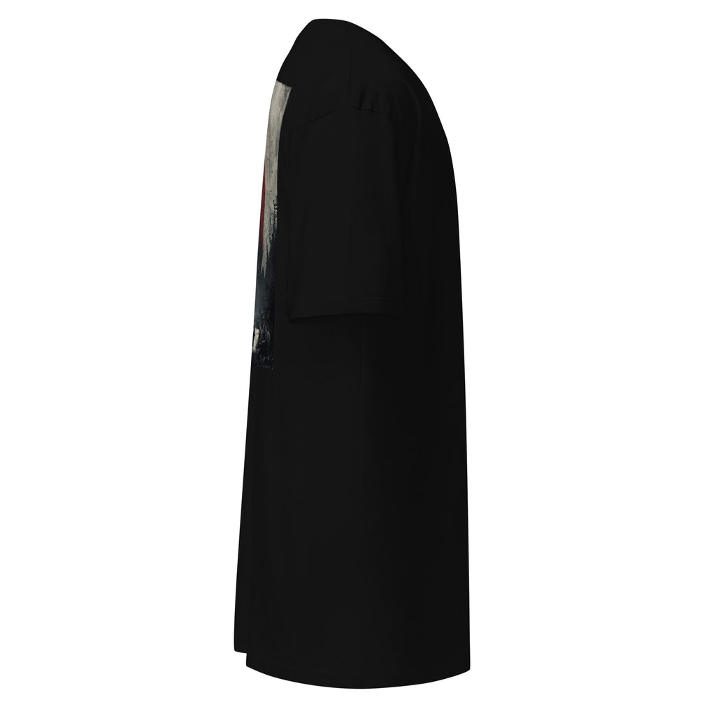Solace Tee in black, laid flat from the right side, showing the edge of the back print