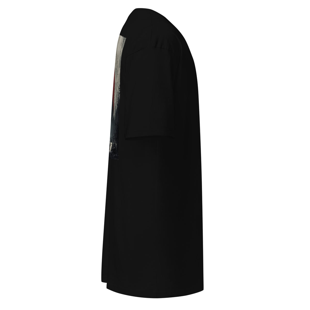 Solace Tee in black, laid flat from the right side, showing the edge of the back print