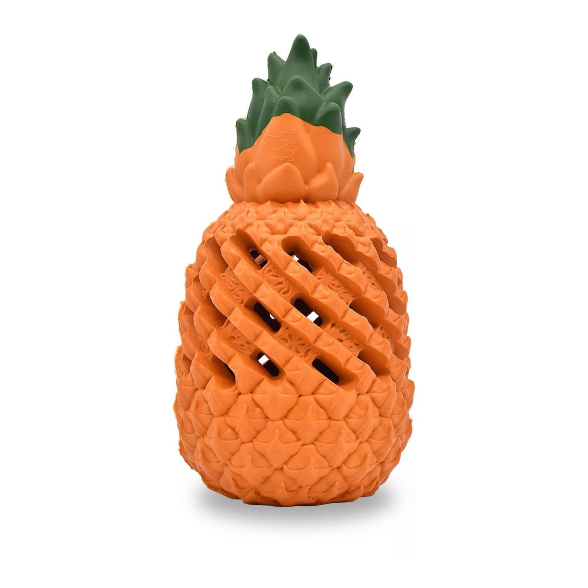 Ration Rubber Chew in orange natural rubber, shaped like a pineapple, showing the ribbed surface and the open lattice channels through the body
