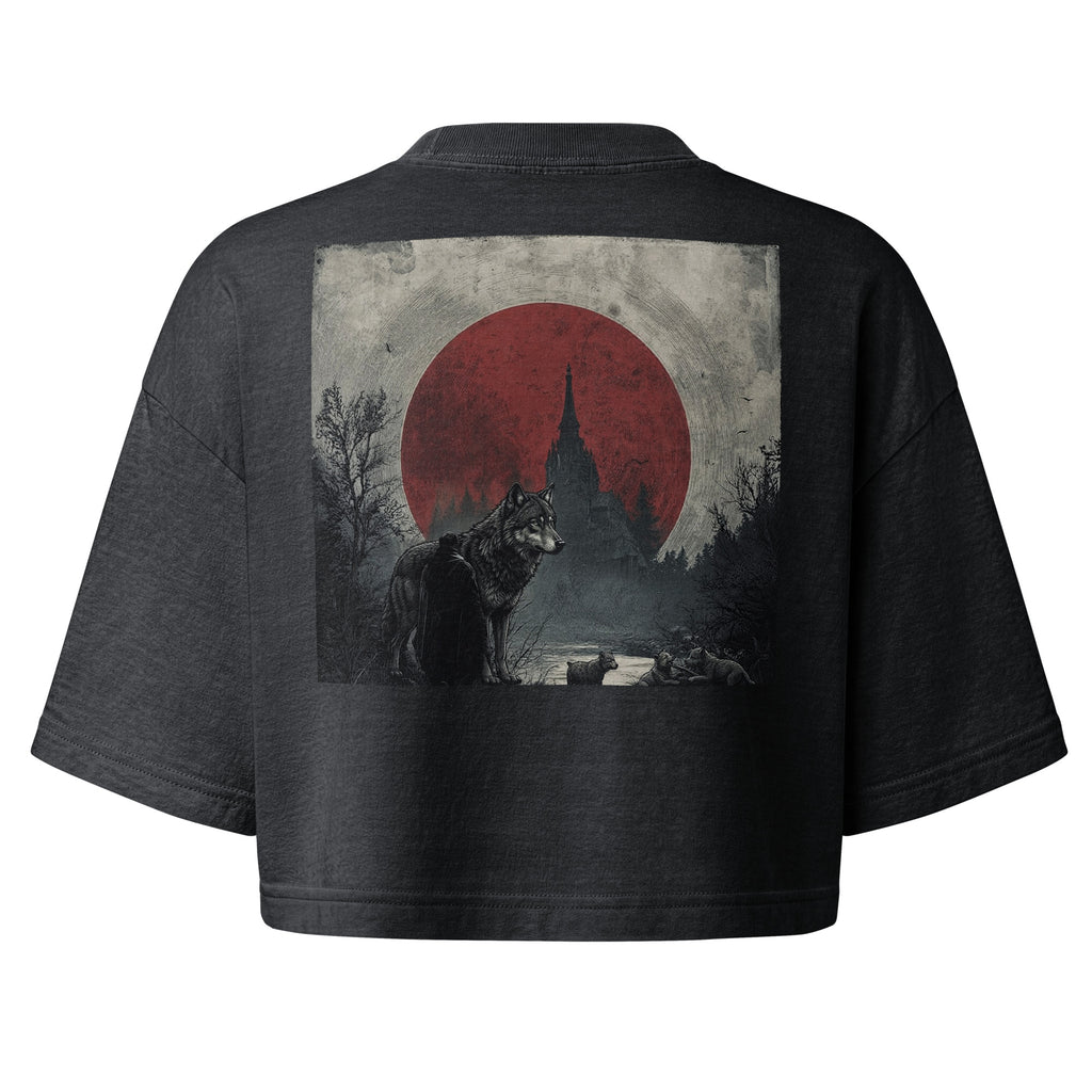 Women's Solace Cropped Tee in washed black, laid flat from the back, with the full Solace artwork printed large